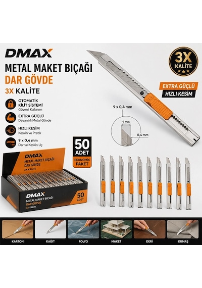 Dmax Metal Maket Bıçağı Dar Gövde, 50 Adet 9mm - 0.4mm, 3x Kalite