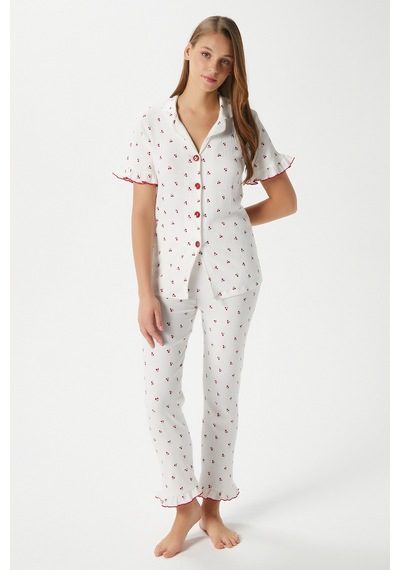 Ritnice Kadın Enda Fırfırlı Kiraz Desen Alt Üst Pijama Takımı Ekrukrımızı