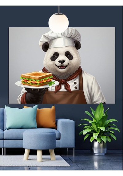 Panda Aşçı Sandviç Tutuyor Dekoratif Kanvas - Mdf Ahşap Tablo