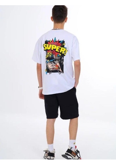 Marions Erkek Çocuk Geniş Kesim Sırtı Baskıllı Bisiklet Yaka T-shirt-13728-beyaz Beyaz