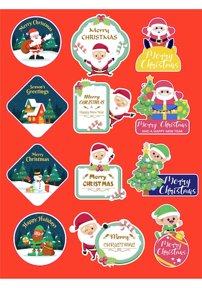 12'li Merry Christmas Şekilli Yılbaşı Sticker Macbook Tablet Telefon Laptop Defter Sticker Seti Diğer