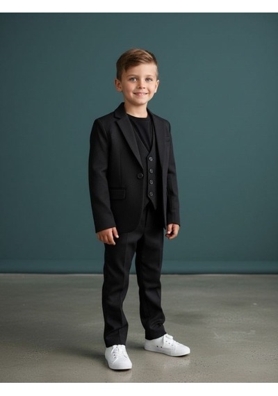 Zekids Erkek Çocuk Slim Fit 3 Lü Takım Elbise Ceket + Yelek + Pantolon -10333 Siyah