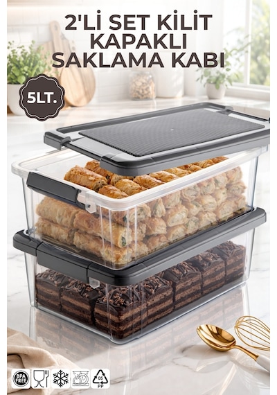 2'li Set 5lt. Decobox Çok Amaçlı Saklama Kabı - Piknik Taşıma Seti - 5lt. Antrasit