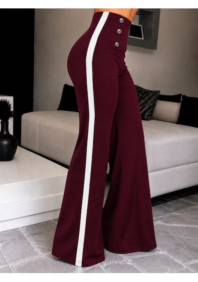 Suma Kadın Yüksel Bel Düğmeli Yandan Şerit Detaylı Paçaya Doğru Genişleyen Ithal Krep Pantolon Bordo