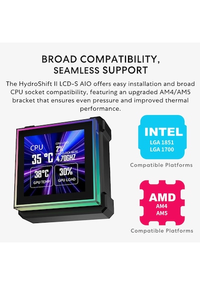 Hydroshift Iı-s Lcd 360tl Argb Sıvı Cpu Soğutucu - 360 Mm Aıo - 3,4 İnç Ips Lcd Kare Ekran - Papatya Zinciri - Düş
