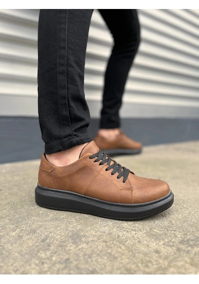 Mevese Tsoob Bağcıklı Cilt Erkek Günlük Rahat Taban Sneaker Ayakkabı - Taba Siyah