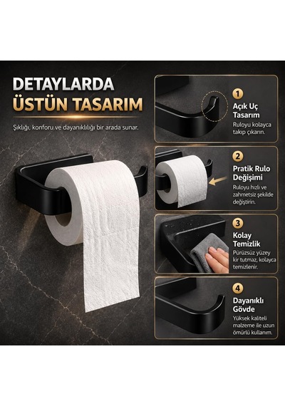 Lexroo Siyah Lamalı Tuvalet Kağıtlığı, Hem Yapışkanlı Hem Vidalı Montajlı Wc Kağıt Askılığı