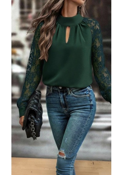 Efnaz Style Kadın Uzun Kollu Göğüs Pencere Detay Yaka Boğazlı Kolları Tüllü Sandy Bluz Yeşil