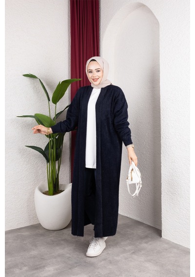 Hira Life Fashion Kadın Şal Yaka Uzun Triko Ve Sakallı Tüylü Hırka Lacivert Lacivert