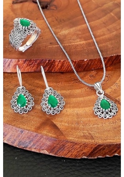 Kök Zümrüt Taşlı Telkari Damla Modeli Gümüş Kadın Set Yüzük Küpe