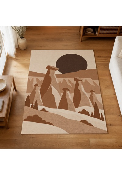 Kartela Halı Kapadokya Peri Bacası Desenli Halı Bakır Kaymaz Taban Makinede Yıkanabilir 100x150 Cm