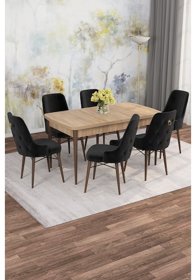 Mona Meşe Desen 80x132 Açılabilir Mdf Masa Yemek Odası Takımı, Mutfak Takımı 6 Adet Sandalye Meşe Masa - 6 Siyah - Ceviz Ayak Mona Meşe Desen 80x132 Açılabilir Mdf Masa Yemek Odası Takımı, Mutfak Takımı 6 Adet Sandalye Meşe Masa - 6 Siyah - Ceviz Ayak