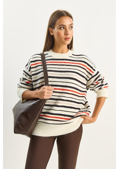 Shade Kadın Bisiklet Yaka Çizgili Oversize Triko Kazak 2524 60283680 - Krem