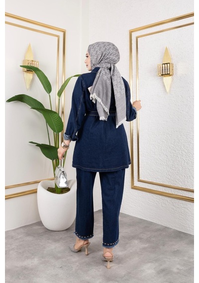 Harman Butik Kadın Taş Detaylı 2li Takım Kot Ceket Pantolon Lacivert Lacivert