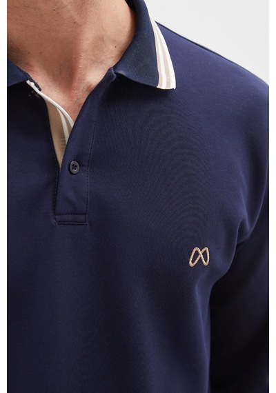 Fullamoda Nakışlı Yarım Düğmeli Polo Yaka Modal Sweatshirt Lacivert