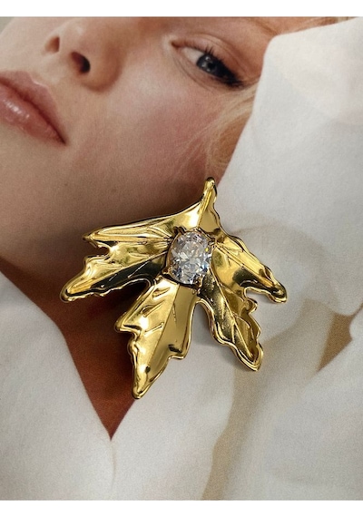 Pinery Jewels İri Taşlı Yaprak Paslanmaz Çelik Kadın Küpe Çifti Altın