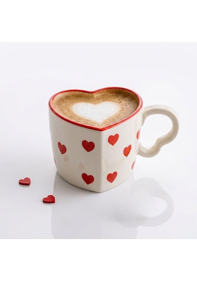 Kalp Tasarımlı El Yapımı Seramik Kahve Kupası Sevgiliye Hediye Çay Ve Kahve Mug Kupa - 300 Ml Beyaz - Çok Renkli