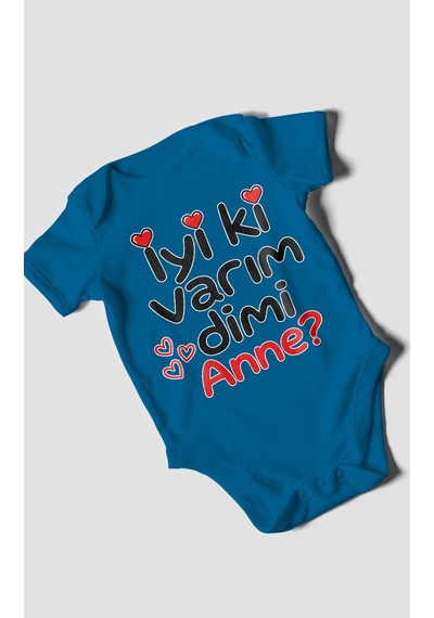 Morivokids İyi Ki Varım Dimi Anne Kısa Kollu Bebek Body %100 Pamuk Koyu Mavi