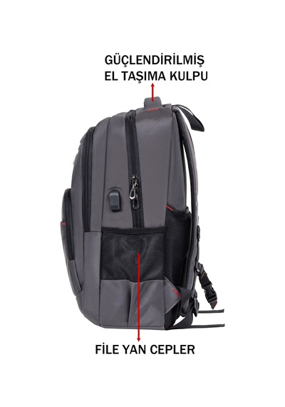Dada Okul ve Günlük Gri Erkek Sırt Çantası Usb Type-c Aparat Ortopedik Sırt 14-15,6 İnç