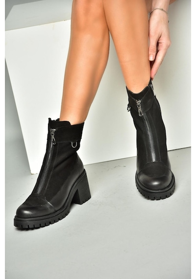 Fox Shoes R654095903 Siyah Hakiki Deri Kalın Topuklu Kadın Bot Siyah