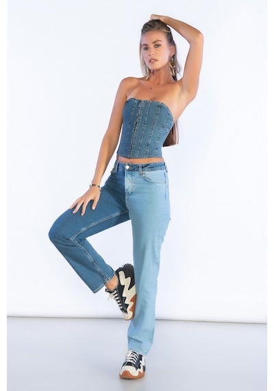 Mavi Yüksek Bel Çift Renk Detaylı Mom Jeans-mavi Mavi