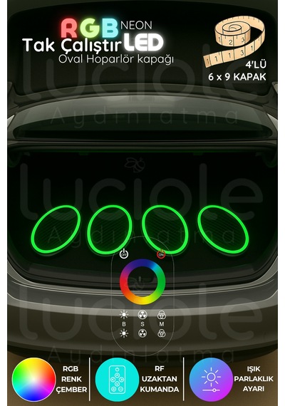 4 Lü 6x9 İnç Oval Rgb Neon Hoparlör Kapağı Rf Kumandalı Renkli Işık Efektli Modifiye Set