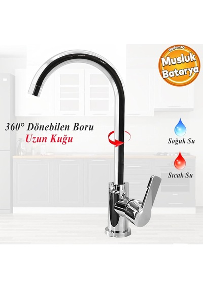 Polo Uzun Kuğu Batarya Krom Lavabo Banyo Mutfak Musluğu Musluk Mermer Tezgah Üstü Çift Su Giriş Evye Diğer