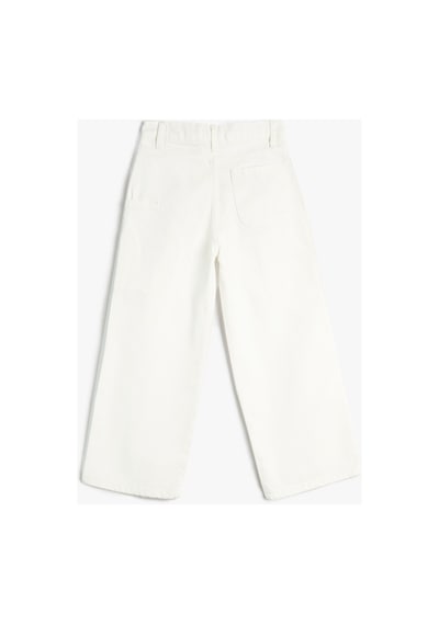 Koton Kız Çocuk Bol Paça Kot Pantolon Önde Cep Detaylı Pamuklu - Crop Wide Leg Jean Ekru