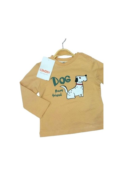 Çikoby Erkek Bebek Pamuklu Köpek Baskılı Yandan Çıtçıtlı Tshirt-13515-hardal Hardal