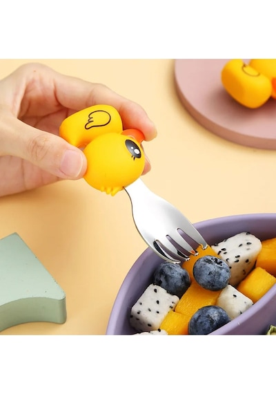 Jojobebek Kaşık Çatal Seti, Ergonomik Kısa Saplı Silikon, Paslanmaz Çelik Uçlu, Saklama Kutulu, (9-24 Ay)  (Sarı Renk) Sarı