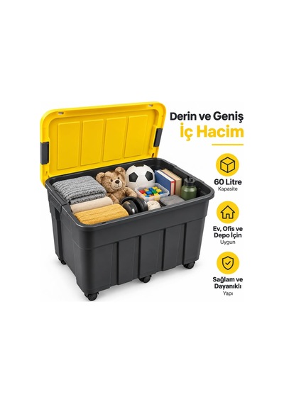 Tekerlekli Premium Kapaklı Plastik Saklama Kutusu, 60 L Diğer