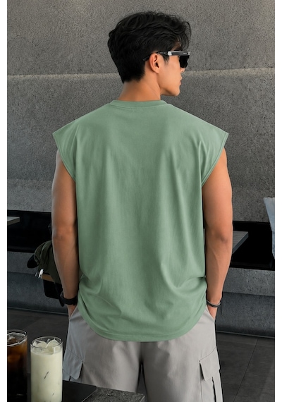 Tarz Cool Erkek Oversize Kolsuz Tişört %100 Pamuk Süprem Basic Bisiklet Yaka Yeşil