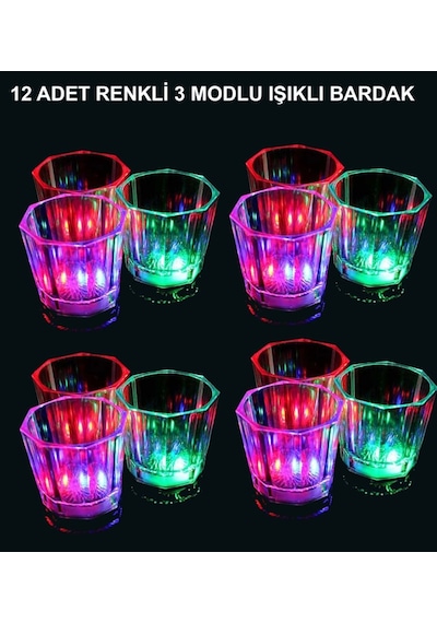 Led Işıklı Eğlence Bardakları - 3 Modlu Renk Değiştiren Bardak 12 Adet Yetişkin