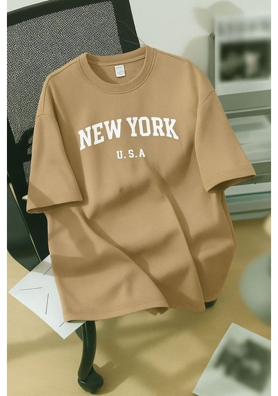 New York U.s.a. Baskılı Unisex Tişört Bej