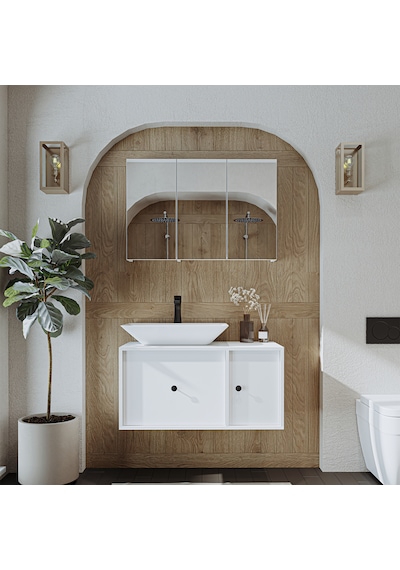 Çanak Lavabolu Mat Mdf 90 Cm Banyo Dolabı + Aynalı Dolap Beyaz Mat Beyaz