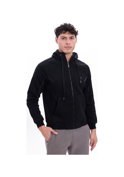 Rowinger 3 İplik Kalın Dokulu Parçalı Görünümlü Kapüşonlu Tam Fermuarlı Erkek Sweatshirt Navyblue