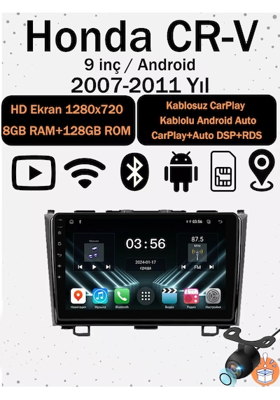 Honda Cr-v 2007-2011 Uyumlu 9 İnç Android Multimedya Ekran 8gb Ram 128gb Hafıza Kablosuz Carplay Android Auto 9"