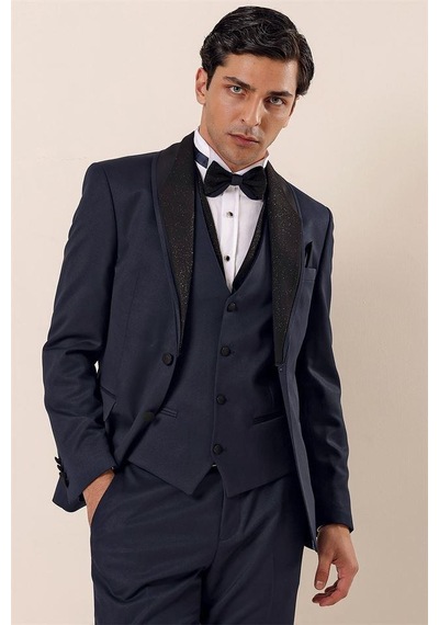İmza Koyu Lacivert Desenli Çıkarılabilir Şal Yaka Yelekli 6 Drop Slim Fit Smokin Damatlık Takım 1001230204-Lacivert