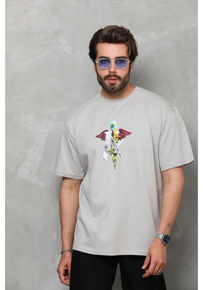 Barlashive Erkek Baskılı T-shirt Kısa Kol Bisiklet Yaka Regular Fit Rahat Kalıp Tişört - Gri Çok Renkli