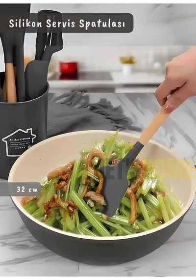 Silikon Servis Spatula Mutfak Kaşığı Pasta Spatulası Ahşap Saplı 32 Cm Diğer