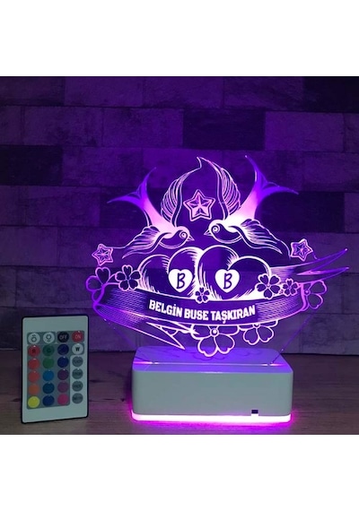 Sevgiliye Özel Sen & Ben Ve Kuşlar 3D Led Lamba