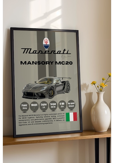 Maserati Mansory Mc20 Premium Araba Tablosu - Teknik Özellikli İtalyan Otomobil Duvar Dekoru Siyah
