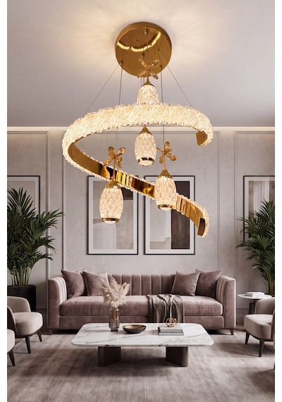Vega 4 Top Kristal Led Sarkıt Salon Avizesi Modern Halka Tasarım Çok Renkli