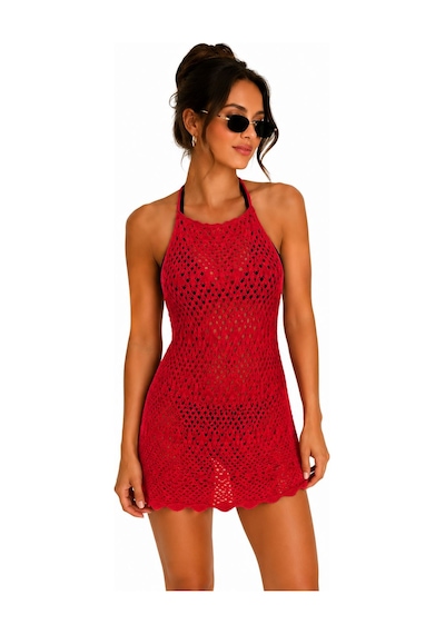 Neden Tekstil Ajurlu Sırt Dekolteli Transparan Beachwear - Mini Plaj Elbisesi - Kırmızı