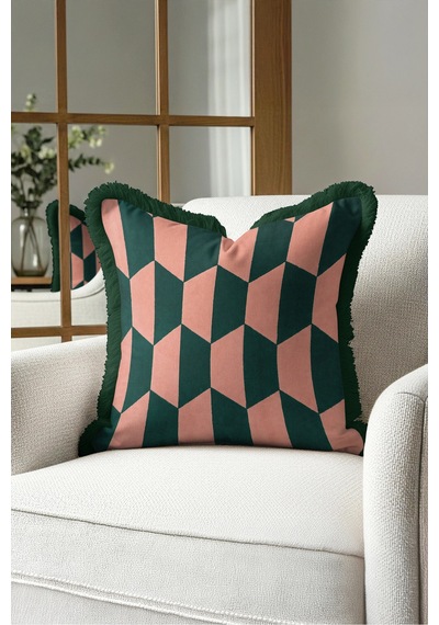 Geometrik Art Deco Kadife Saçaklı Yastık Kılıfı - Zikzak Bohem Pudra Siyah Püsküllü Kırlent Kılıfı Mavi