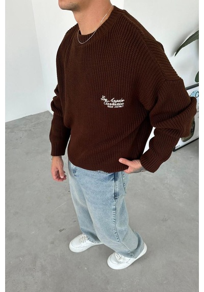 Kahverengi Los Angeles Nakış Oversize Triko Kazak Kahverengi