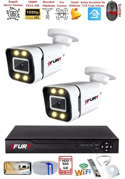 Fury 2 Kameralı 1080p Görüntü Gece Renkli Full Hd 4 X Ultra Led Gece Renkli Güvenlik Kamerası Seti 500gb