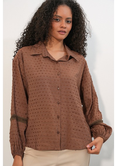 Bigdart Kadın Oversize Desenli Gömlek 20379 - Taba