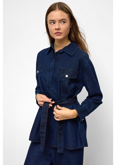 Olcay Geniş Paça Pantolon Denim İkili Takım Koyu Mavi 9379-tk