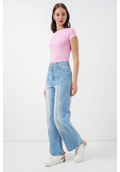 Hiccup Bdart Yüksek Bel Geniş Paça Pamuklu Jean Açık-orta Mavi Denim